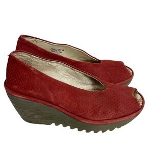 FLY LONDON Yury Peep Toe Orange perforated Suede Wedge Sandal Size 36/6